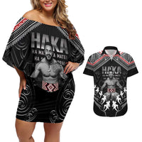 New Zealand Aotearoa Couples Matching Off Shoulder Short Dress and Hawaiian Shirt Traditional Kapa Haka LT05 Black - Polynesian Pride