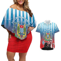 Personalised Free West Papua Couples Matching Off Shoulder Short Dress and Hawaiian Shirt One People One Soul Unique Style LT05 Blue - Polynesian Pride