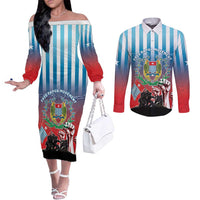 Personalised Free West Papua Couples Matching Off The Shoulder Long Sleeve Dress and Long Sleeve Button Shirt One People One Soul Unique Style LT05 Blue - Polynesian Pride