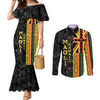 Hawaii Maoli Spirit Couples Matching Mermaid Dress and Long Sleeve Button Shirt Kakau Pattern With Flower Lei LT05 Black - Polynesian Pride