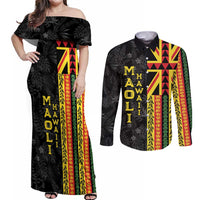 Hawaii Maoli Spirit Couples Matching Off Shoulder Maxi Dress and Long Sleeve Button Shirt Kakau Pattern With Flower Lei LT05 Black - Polynesian Pride