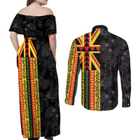 Hawaii Maoli Spirit Couples Matching Off Shoulder Maxi Dress and Long Sleeve Button Shirt Kakau Pattern With Flower Lei LT05 - Polynesian Pride