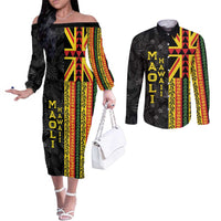 Hawaii Maoli Spirit Couples Matching Off The Shoulder Long Sleeve Dress and Long Sleeve Button Shirt Kakau Pattern With Flower Lei LT05 Black - Polynesian Pride