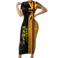 Hawaii Maoli Spirit Family Matching Short Sleeve Bodycon Dress and Hawaiian Shirt Kakau Pattern With Flower Lei LT05 Mom's Dress Black - Polynesian Pride