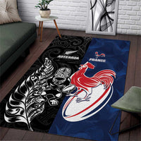 France And New Zealand Rugby Area Rug Les Bleus Rooster With Maori Tiki LT05 Black - Polynesian Pride