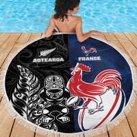 France And New Zealand Rugby Beach Blanket Les Bleus Rooster With Maori Tiki LT05 - Polynesian Pride