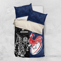 France And New Zealand Rugby Bedding Set Les Bleus Rooster With Maori Tiki LT05 US Twin 172cm x 218cm Black - Polynesian Pride