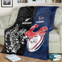 France And New Zealand Rugby Blanket Les Bleus Rooster With Maori Tiki LT05 - Polynesian Pride