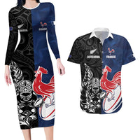 France And New Zealand Rugby Custom Couples Matching Long Sleeve Bodycon Dress and Hawaiian Shirt Les Bleus Rooster With Maori Tiki LT05 Black - Polynesian Pride