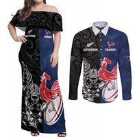 France And New Zealand Rugby Custom Couples Matching Off Shoulder Maxi Dress and Long Sleeve Button Shirt Les Bleus Rooster With Maori Tiki LT05 Black - Polynesian Pride
