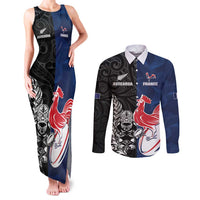 France And New Zealand Rugby Custom Couples Matching Tank Maxi Dress and Long Sleeve Button Shirt Les Bleus Rooster With Maori Tiki LT05 Black - Polynesian Pride