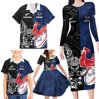 France And New Zealand Rugby Custom Family Matching Long Sleeve Bodycon Dress and Hawaiian Shirt Les Bleus Rooster With Maori Tiki LT05 - Polynesian Pride