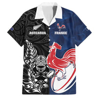 France And New Zealand Rugby Custom Family Matching Off Shoulder Maxi Dress and Hawaiian Shirt Les Bleus Rooster With Maori Tiki LT05 Dad's Shirt - Short Sleeve Black - Polynesian Pride