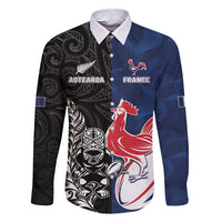 France And New Zealand Rugby Custom Family Matching Short Sleeve Bodycon Dress and Hawaiian Shirt Les Bleus Rooster With Maori Tiki LT05 Dad's Shirt - Long Sleeve Black - Polynesian Pride