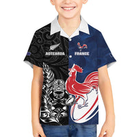 France And New Zealand Rugby Custom Family Matching Short Sleeve Bodycon Dress and Hawaiian Shirt Les Bleus Rooster With Maori Tiki LT05 Son's Shirt Black - Polynesian Pride