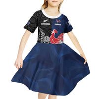 France And New Zealand Rugby Custom Kid Short Sleeve Dress Les Bleus Rooster With Maori Tiki LT05 - Polynesian Pride