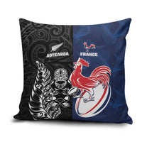 France And New Zealand Rugby Pillow Cover Les Bleus Rooster With Maori Tiki LT05 Black - Polynesian Pride