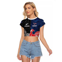 France And New Zealand Rugby Custom Raglan Cropped T Shirt Les Bleus Rooster With Maori Tiki LT05 Female Black - Polynesian Pride