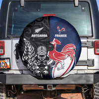 France And New Zealand Rugby Spare Tire Cover Les Bleus Rooster With Maori Tiki LT05 Black - Polynesian Pride