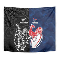 France And New Zealand Rugby Tapestry Les Bleus Rooster With Maori Tiki LT05 - Polynesian Pride