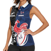 France And New Zealand Rugby Custom Women Sleeveless Polo Shirt Les Bleus Rooster With Maori Tiki LT05 - Polynesian Pride