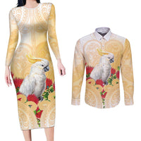New Zealand Aotearoa Cockatoo Couples Matching Long Sleeve Bodycon Dress and Long Sleeve Button Shirt Maori Pattern With Pohutukawa Flowers LT05 Beige - Polynesian Pride