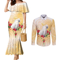 New Zealand Aotearoa Cockatoo Couples Matching Mermaid Dress and Long Sleeve Button Shirt Maori Pattern With Pohutukawa Flowers LT05 Beige - Polynesian Pride