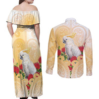 New Zealand Aotearoa Cockatoo Couples Matching Off Shoulder Maxi Dress and Long Sleeve Button Shirt Maori Pattern With Pohutukawa Flowers LT05 - Polynesian Pride