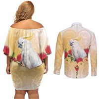 New Zealand Aotearoa Cockatoo Couples Matching Off Shoulder Short Dress and Long Sleeve Button Shirt Maori Pattern With Pohutukawa Flowers LT05 - Polynesian Pride