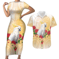 New Zealand Aotearoa Cockatoo Couples Matching Short Sleeve Bodycon Dress and Hawaiian Shirt Maori Pattern With Pohutukawa Flowers LT05 Beige - Polynesian Pride