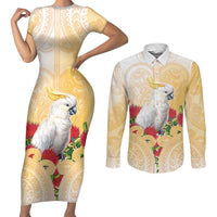 New Zealand Aotearoa Cockatoo Couples Matching Short Sleeve Bodycon Dress and Long Sleeve Button Shirt Maori Pattern With Pohutukawa Flowers LT05 Beige - Polynesian Pride