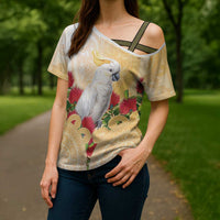 New Zealand Aotearoa Cockatoo Cross Shoulder Shirt Maori Pattern With Pohutukawa Flowers LT05 - Polynesian Pride