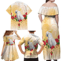 New Zealand Aotearoa Cockatoo Family Matching Off Shoulder Maxi Dress and Hawaiian Shirt Maori Pattern With Pohutukawa Flowers LT05 - Polynesian Pride