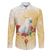 New Zealand Aotearoa Cockatoo Family Matching Off Shoulder Maxi Dress and Hawaiian Shirt Maori Pattern With Pohutukawa Flowers LT05 Dad's Shirt - Long Sleeve Beige - Polynesian Pride