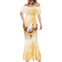 New Zealand Aotearoa Cockatoo Mermaid Dress Maori Pattern With Pohutukawa Flowers LT05 - Polynesian Pride