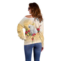 New Zealand Aotearoa Cockatoo Off Shoulder Sweater Maori Pattern With Pohutukawa Flowers