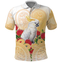 New Zealand Aotearoa Cockatoo Polo Shirt Maori Pattern With Pohutukawa Flowers LT05 Beige - Polynesian Pride