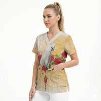 New Zealand Aotearoa Cockatoo Scrub Top Maori Pattern With Pohutukawa Flowers LT05 - Polynesian Pride
