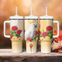 New Zealand Aotearoa Cockatoo Tumbler With Handle Maori Pattern With Pohutukawa Flowers LT05 - Polynesian Pride