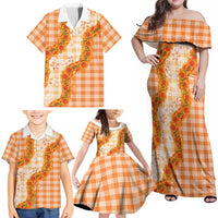 Orange Hawaii Palaka Family Matching Off Shoulder Maxi Dress and Hawaiian Shirt Hawaiian Ilima Lei LT05 - Polynesian Pride