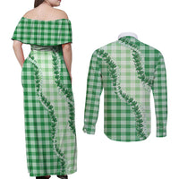 Green Hawaii Palaka Couples Matching Off Shoulder Maxi Dress and Long Sleeve Button Shirt Hawaiian Pikake Lei