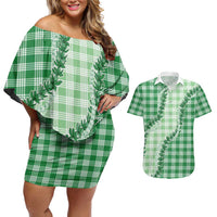 Green Hawaii Palaka Couples Matching Off Shoulder Short Dress and Hawaiian Shirt Hawaiian Pikake Lei LT05 Green - Polynesian Pride