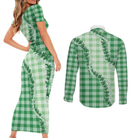 Green Hawaii Palaka Couples Matching Short Sleeve Bodycon Dress and Long Sleeve Button Shirt Hawaiian Pikake Lei LT05 - Polynesian Pride