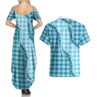 Blue Hawaii Palaka Couples Matching Summer Maxi Dress and Hawaiian Shirt Hawaiian Pikake Lei