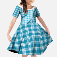 Blue Hawaii Palaka Family Matching Off The Shoulder Long Sleeve Dress and Hawaiian Shirt Hawaiian Pikake Lei LT05 Daughter's Dress Blue - Polynesian Pride