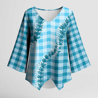 Blue Hawaii Palaka Kimono Sleeve Blouse Hawaiian Pikake Lei