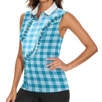 Blue Hawaii Palaka Women Sleeveless Polo Shirt Hawaiian Pikake Lei