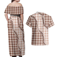 Beige Hawaii Palaka Couples Matching Off Shoulder Maxi Dress and Hawaiian Shirt Hawaiian Pikake Lei LT05 - Polynesian Pride