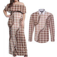 Beige Hawaii Palaka Couples Matching Off Shoulder Maxi Dress and Long Sleeve Button Shirt Hawaiian Pikake Lei