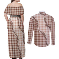 Beige Hawaii Palaka Couples Matching Off Shoulder Maxi Dress and Long Sleeve Button Shirt Hawaiian Pikake Lei